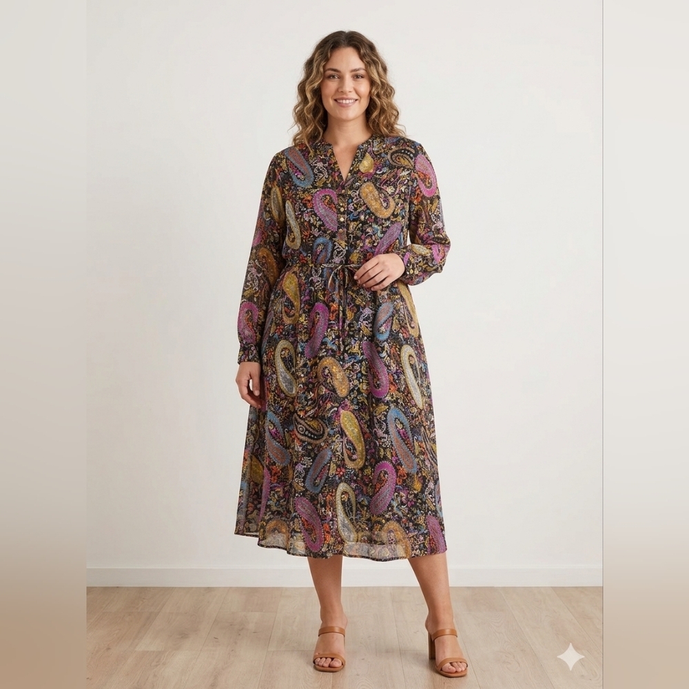NWT Esqualo Paisley Long Sleeve Midi Dress - Size 12 Boho Chic